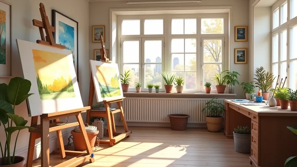 Tvůrčí ateliér s akvarelovými malbami a výbavou pro malování